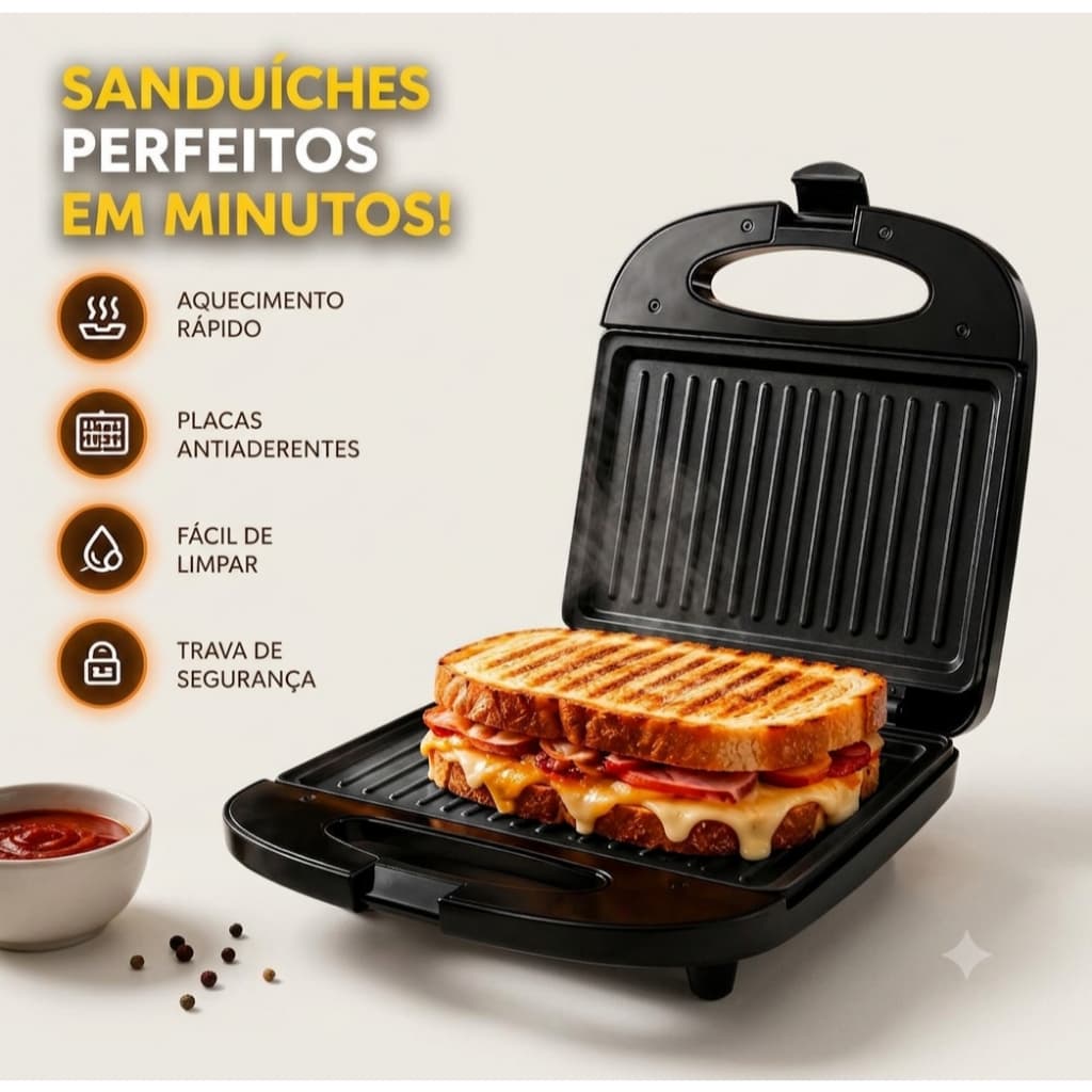 Sanduicheira e Grill Eletrico Antiaderente Rápido Para Lanche E Sanduíche Cozinha Prática Trava De Segurança 110V