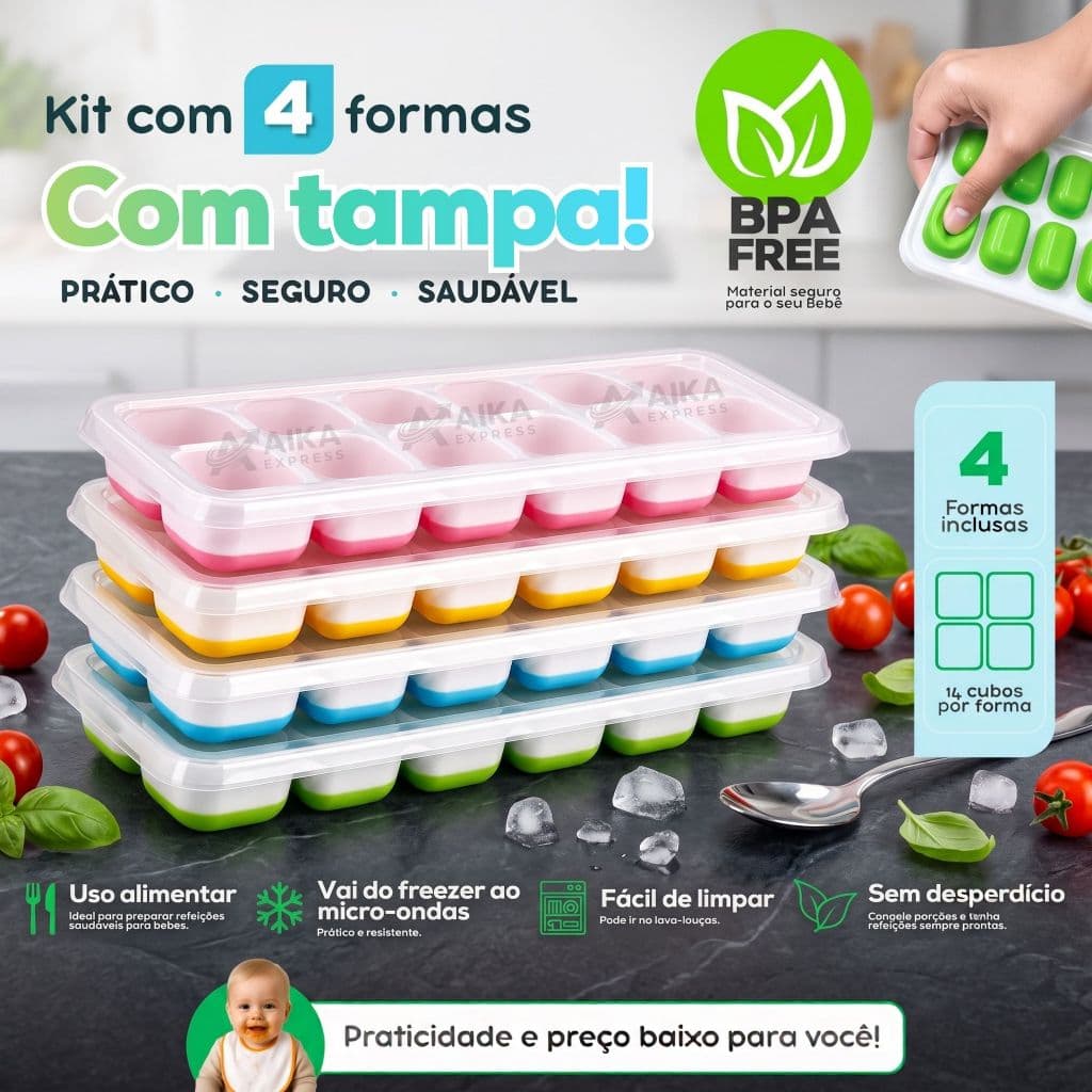 Formas de Gelo Silicone Com Tampa Rígida Flexível Fundo Retangular 14 Cubos Multiuso Lavável