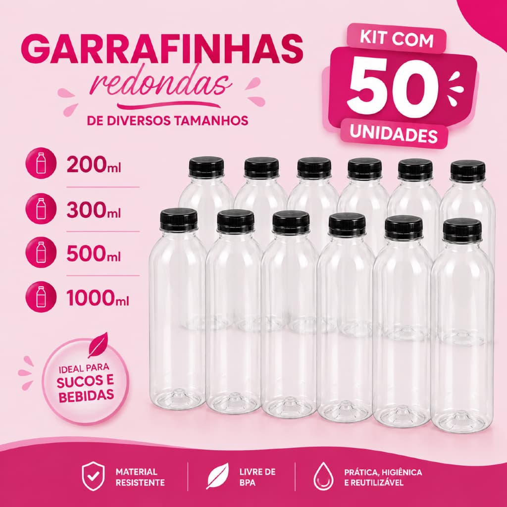 Kit 50 Garrafas Cilíndrica PET Redonda Garrafinha Tampa Lacre Sucos Açaí Agua de Coco Detox 300ml 500ml 1L