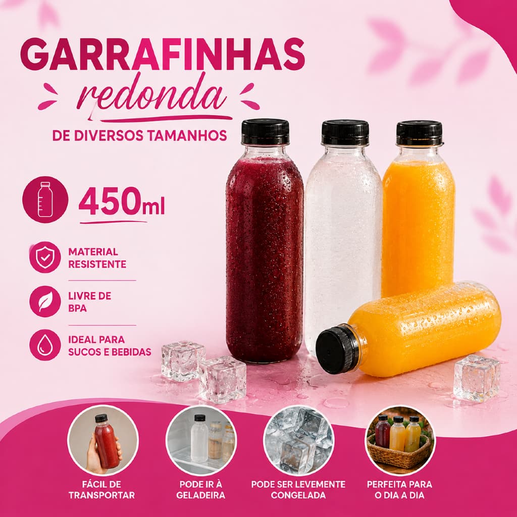 Kit 50 Garrafas Cilíndrica PET 450ml Com Tampa Preta Lacre Redonda Sucos Açaí Detox