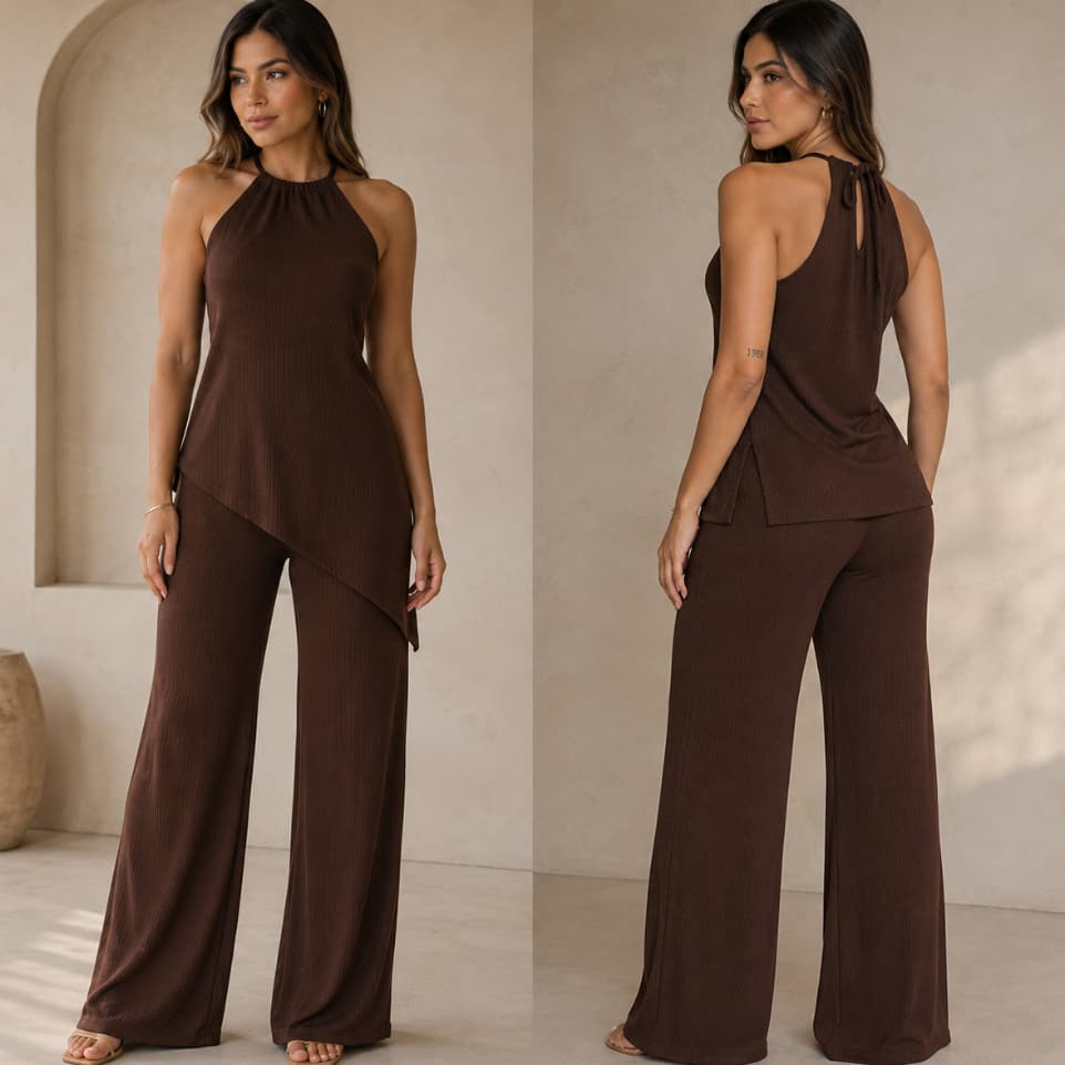 Conjunto femenina Calça Pantalona longa + Blusa De Amarraçao Asimetrica Anarruga Estiloso & Conforto