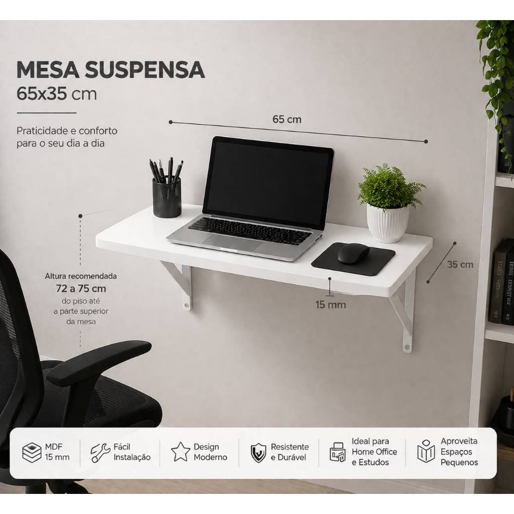 Mesa Suspensa de Parede MDF 65x35 cm Home Office Estudo Notebook Prateleira Multiuso c/Mãos Francesas