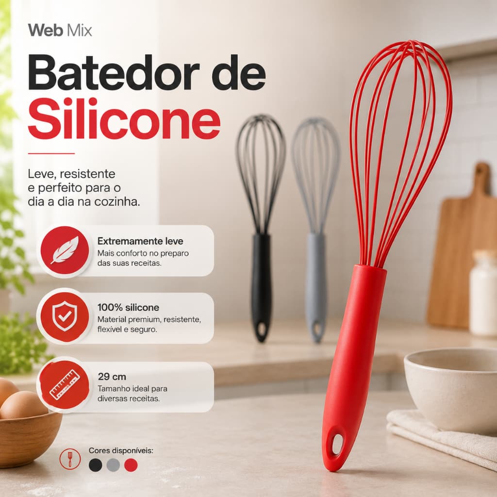 Batedor Manual de Silicone 29cm Fouet/ Fuê Leve Não Risca Panelas Cozinha Preto Cinza Vermelho