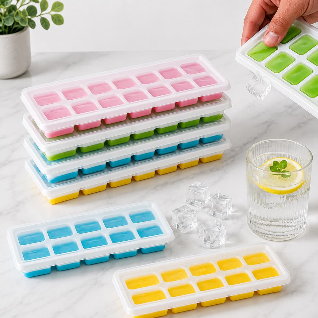 Kit com 2 Formas de Gelo 14 Cubos Fundo Flexível em Silicone com Tampa Rígida