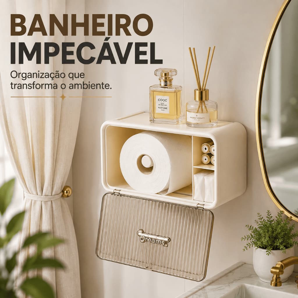 Organizador de Banheiro Porta Papel Higiênico Creme com Prateleira Adesivo sem Furo