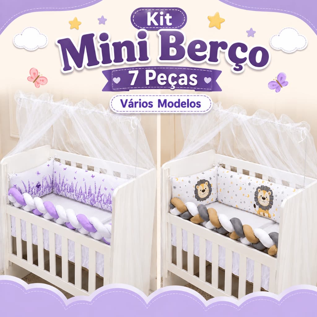 Kit Mini berço menino menina 7 peças com trança protetora Leão Safari Astronauta Lavanda Nuvem Rosa