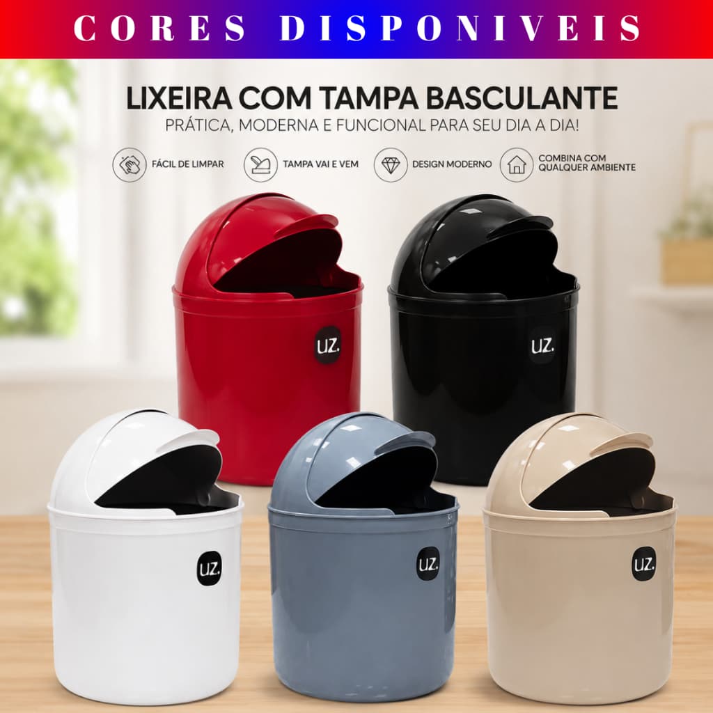 Lixeira Moderna 4 Litros com Tampa Basculante UZ Ideal para Cozinha, Banheiro e Escritório Design Elegante
