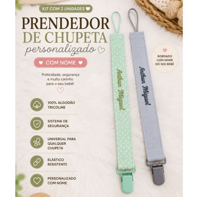 Kit 2 Prendedores de Chupeta Bordados com Nome Personalizados Bebê