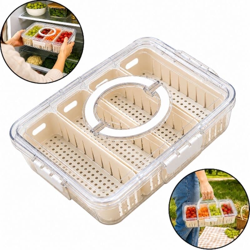 Pote Organizador de Geladeira Hermético 4 Divisórias Multiuso Porta Frutas Legumes Carnes e Peixes com Tampa