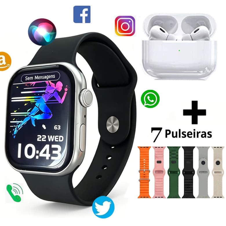Smartwatch KW77 Max + Fone Notificações WhatsApp e 7 Pulseira Papel de parede personalizado para presente de aniversário
