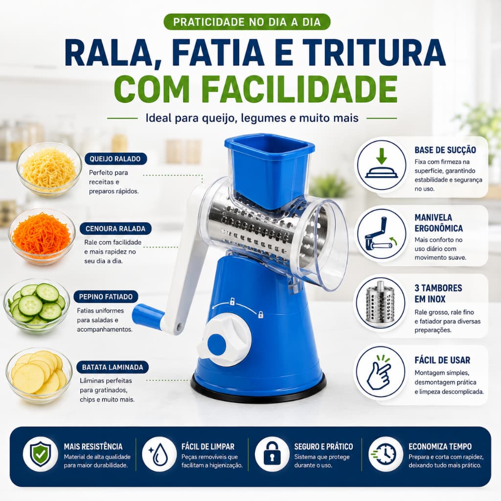 Ralador Cortador Fatiador de Legumes e Verduras Verde - 3 Lâminas Inox, Base de Sucção, Fácil de Limpar