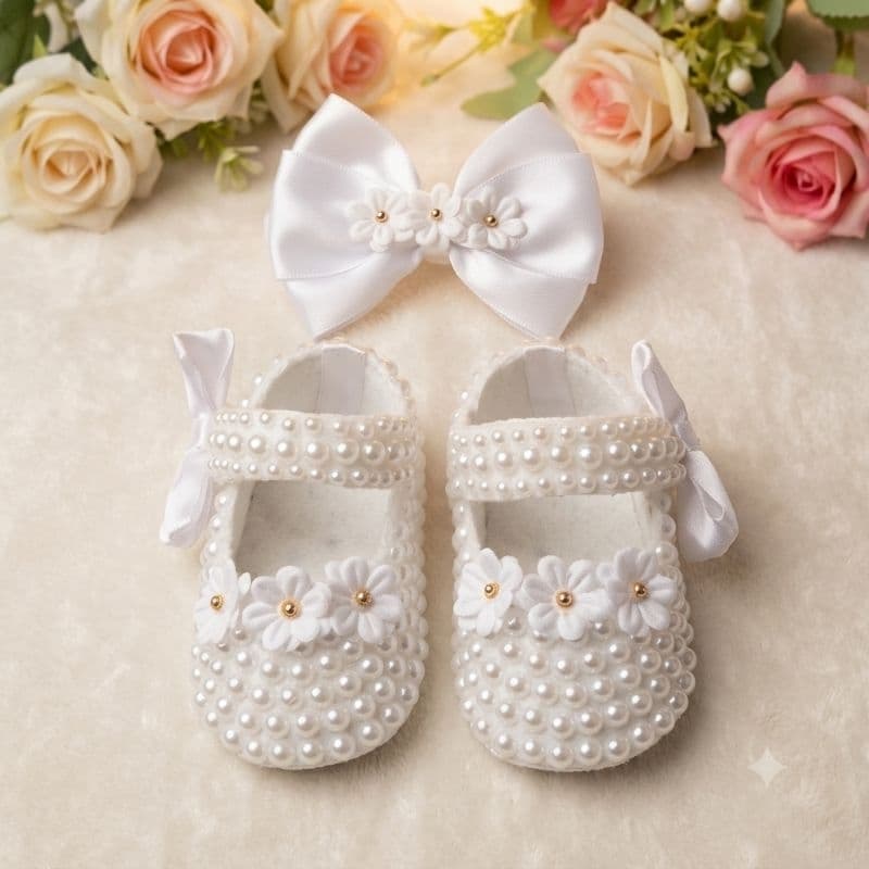 Sapatinho bebê infantil menina pérolas/ Batizado/ Enxoval