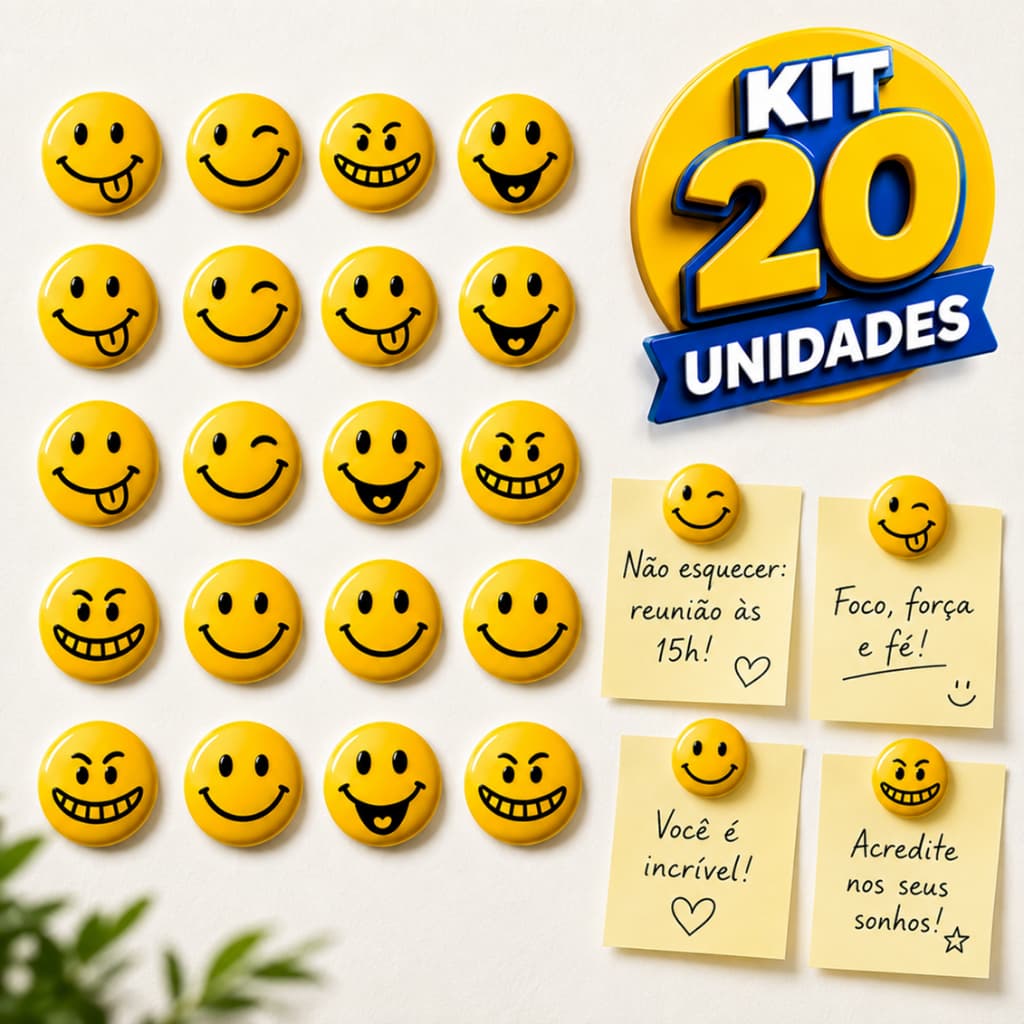 Kit 20 Imãs Emoji Magnéticos 2cm Geladeira Quadro Branco Lousa Mural Alta Fixação Forte Escola Escritório Recados Avisos