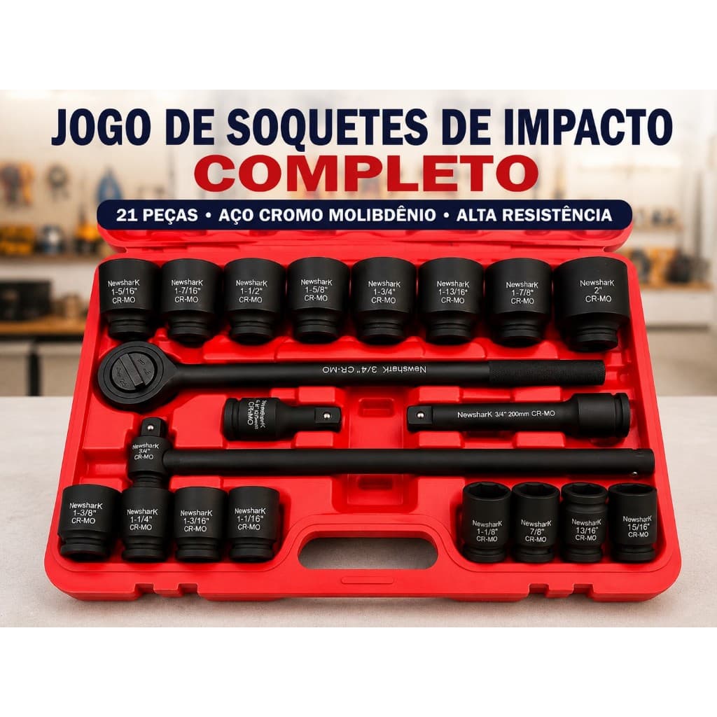 Kit Chave De Impacto 3/4 Newshark CR-MO  20 Peças Com Maleta Linha Pesada Caminhão Soquete Sextavado Pneumático Oficina
