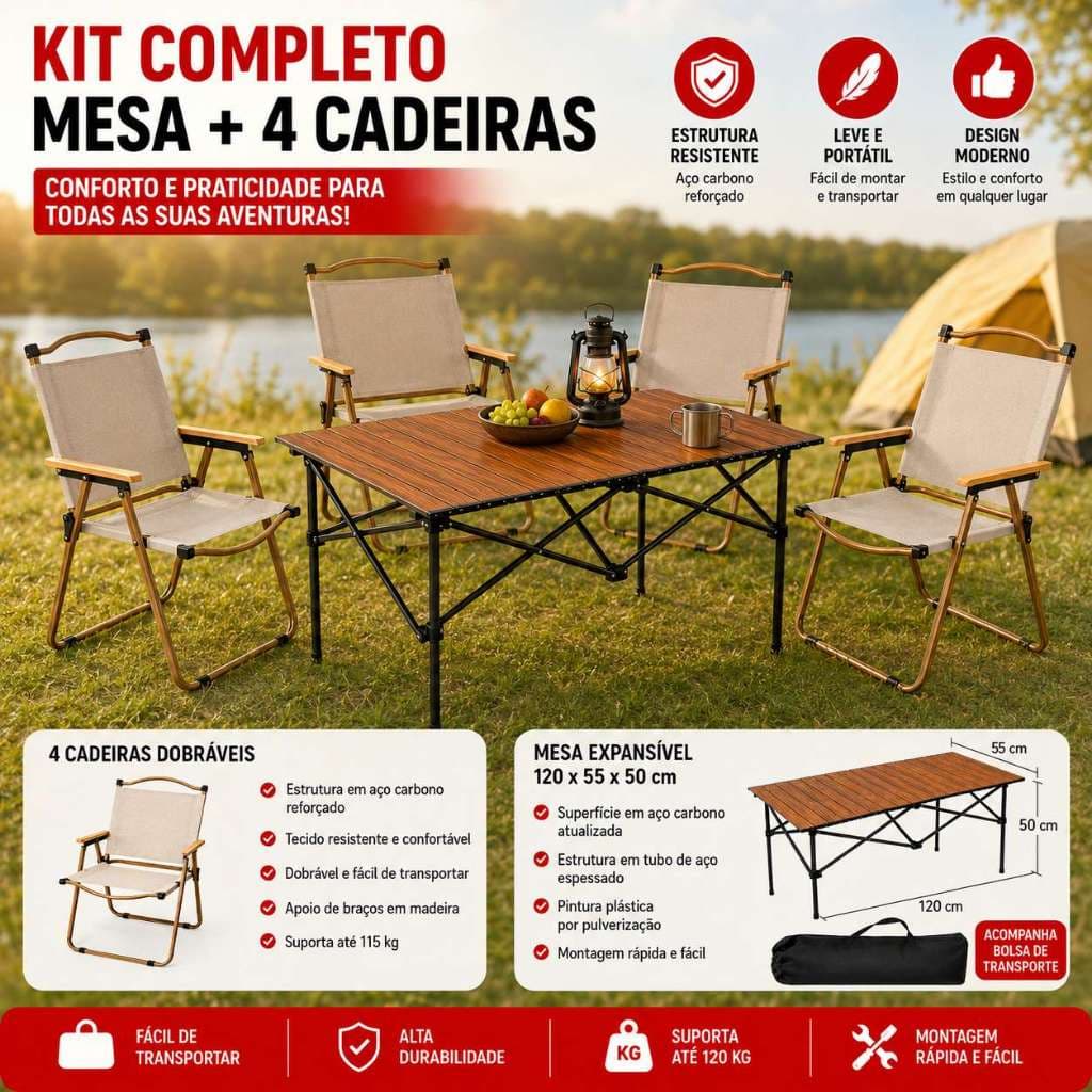 Mesa Camping 120cm + 4 Cadeiras – Alumínio 6005, 300kg, Dobrável – Preto/Caramelo – Frete Grátis (se aplicável)