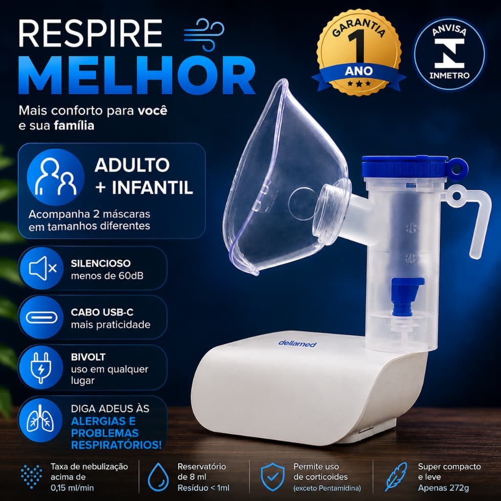 Nebulizador Compressor Dellamed Silencioso Adulto Infantil USB-C