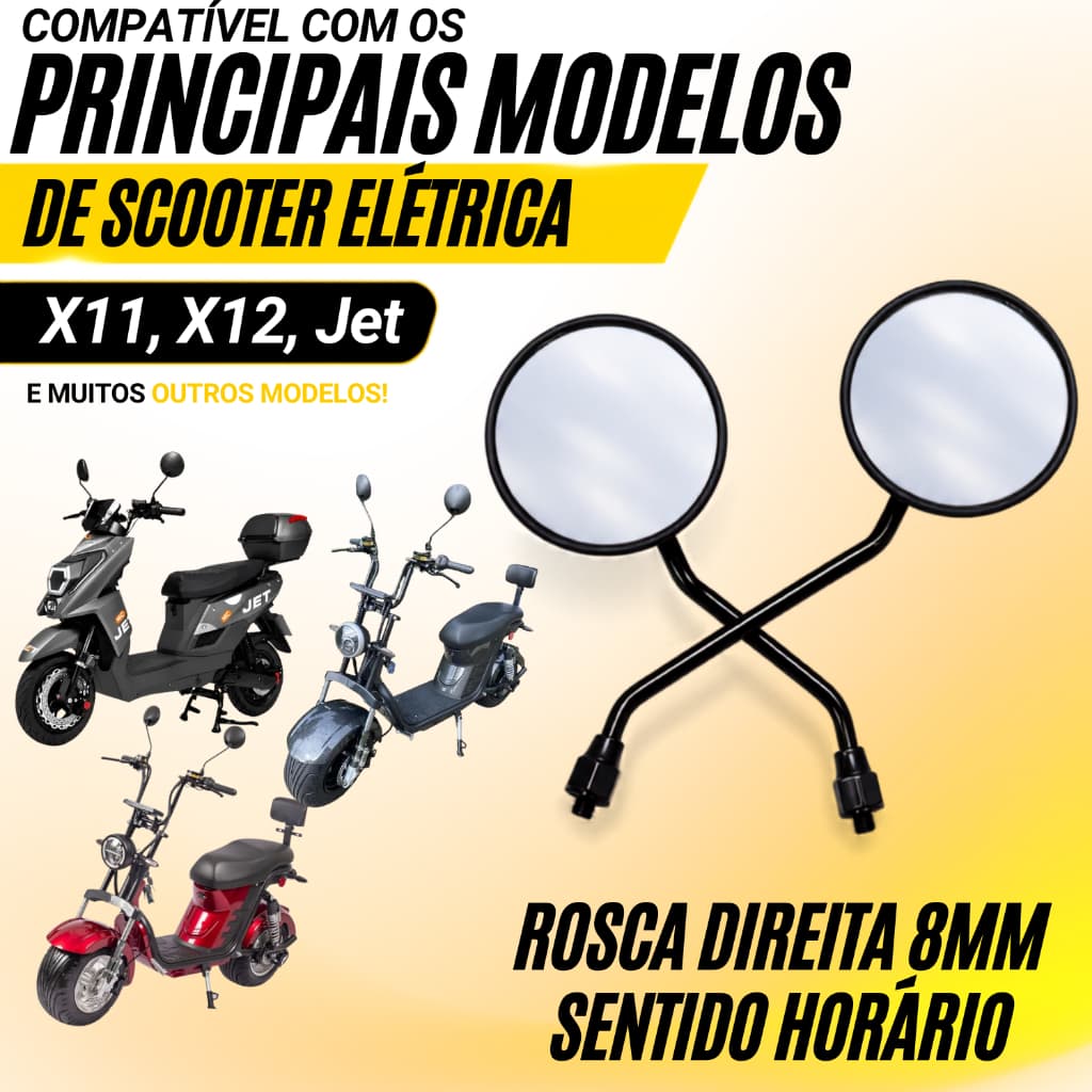 Espelho Retrovisor Reposição Scooter Moto Elétrica Redondo Ajustável Rosca Direita 8mm