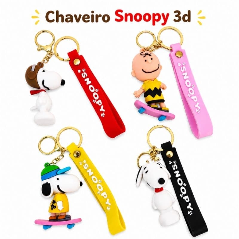 Chaveiro Snoopy 3D Emborrachado com Alça de Silicone | Chaveiro Personagem Fofo para Chaves, Mochila e Bolsa