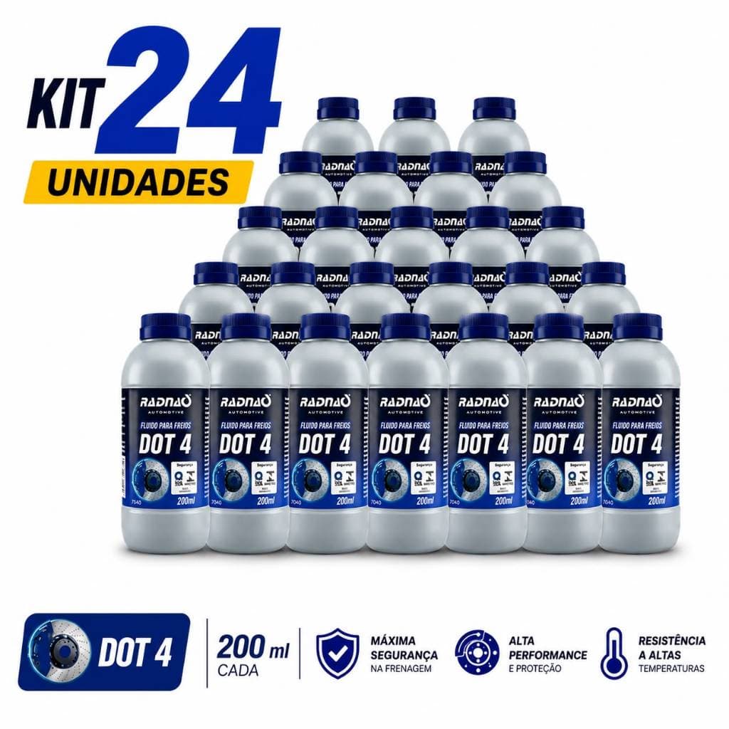Kit 24 Fluido de Freio DOT 4 200ml Radnaq Original Para Carros Motos Automotivo