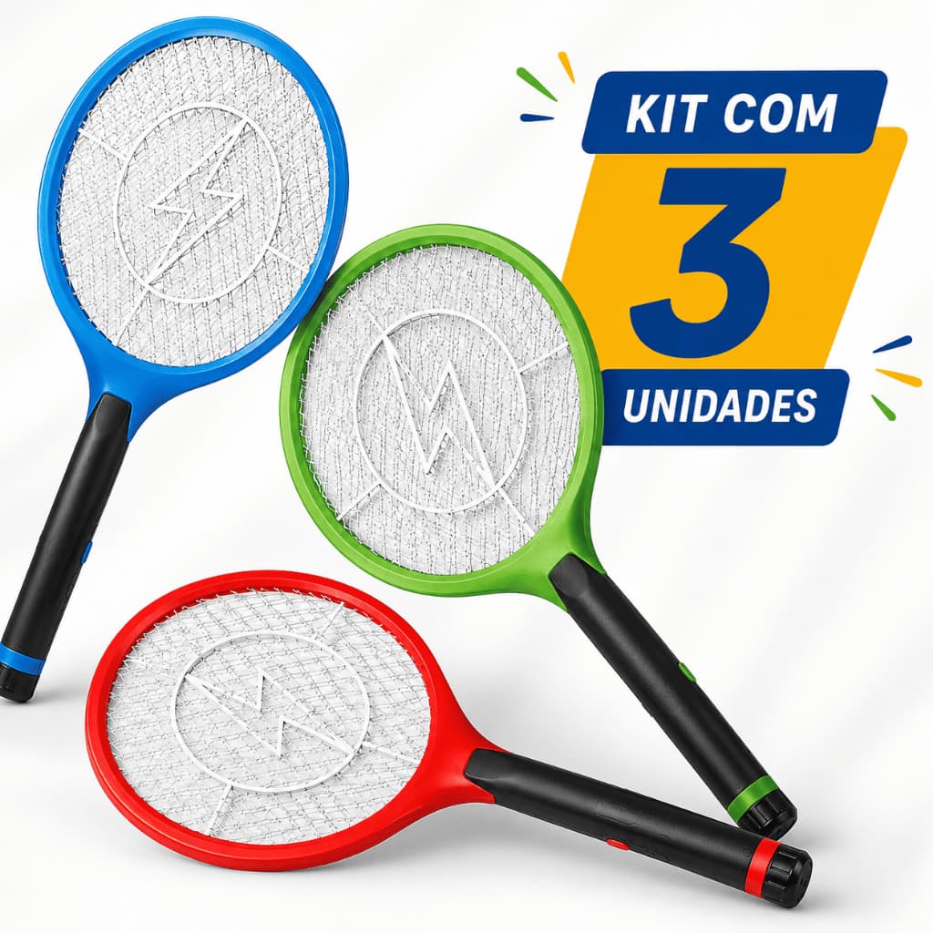 Kit com 3 Raquetes Elétricas Recarregáveis Bivolt para Mosquitos Pernilongos e Insetos Promoção