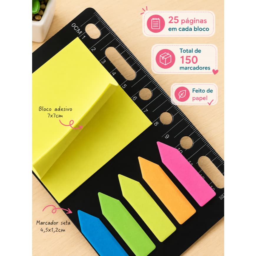 Bloco Adesivo 7x7 com Marcadores Coloridos - Régua 15cm - Planner Agenda Escritório Escolar