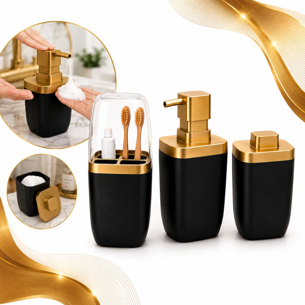 Kit Banheiro Lavabo 3 Peças Premium Porta Escova Dentes Dispenser Sabonete Liquido Porta Algodão