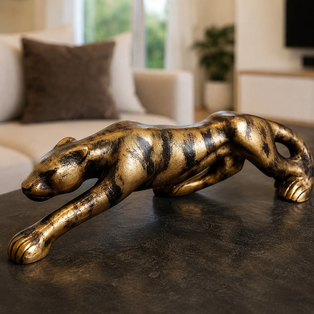 Pantera Ouro Velho Escultura Luxo Escritório Sala Decoração Casa Home Enfeites Feito No Brasil