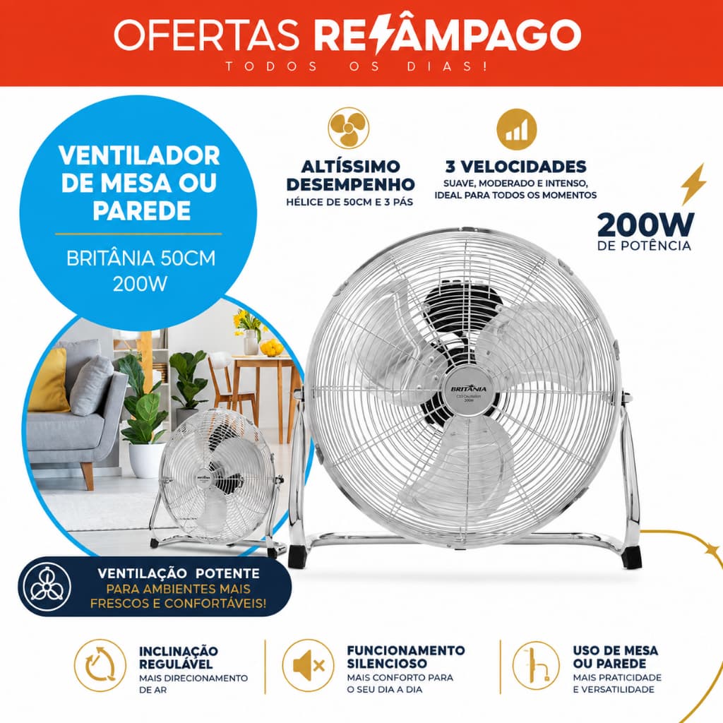 Ventilador Circulador Britânia C50 200W 50cm Oscilante 127V