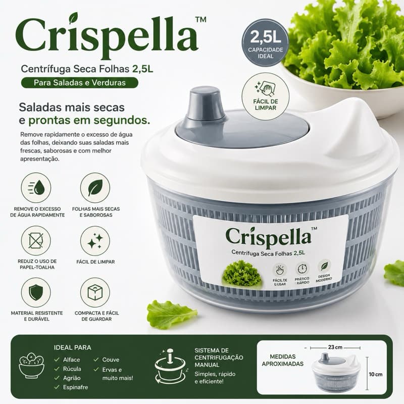 Centrífuga Seca Folhas Salada 2,5L Crispella™ Lavador de Verduras Secador de Alface Manual Organizador de Cozinha
