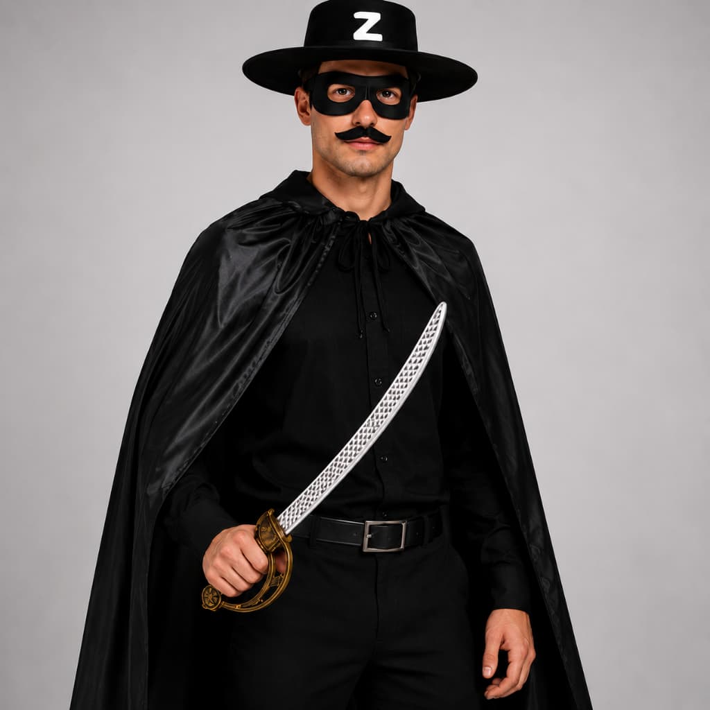Fantasia Zorro Masculina Feminina Chapéu Capa Máscara Bigode Preto Halloween Carnaval