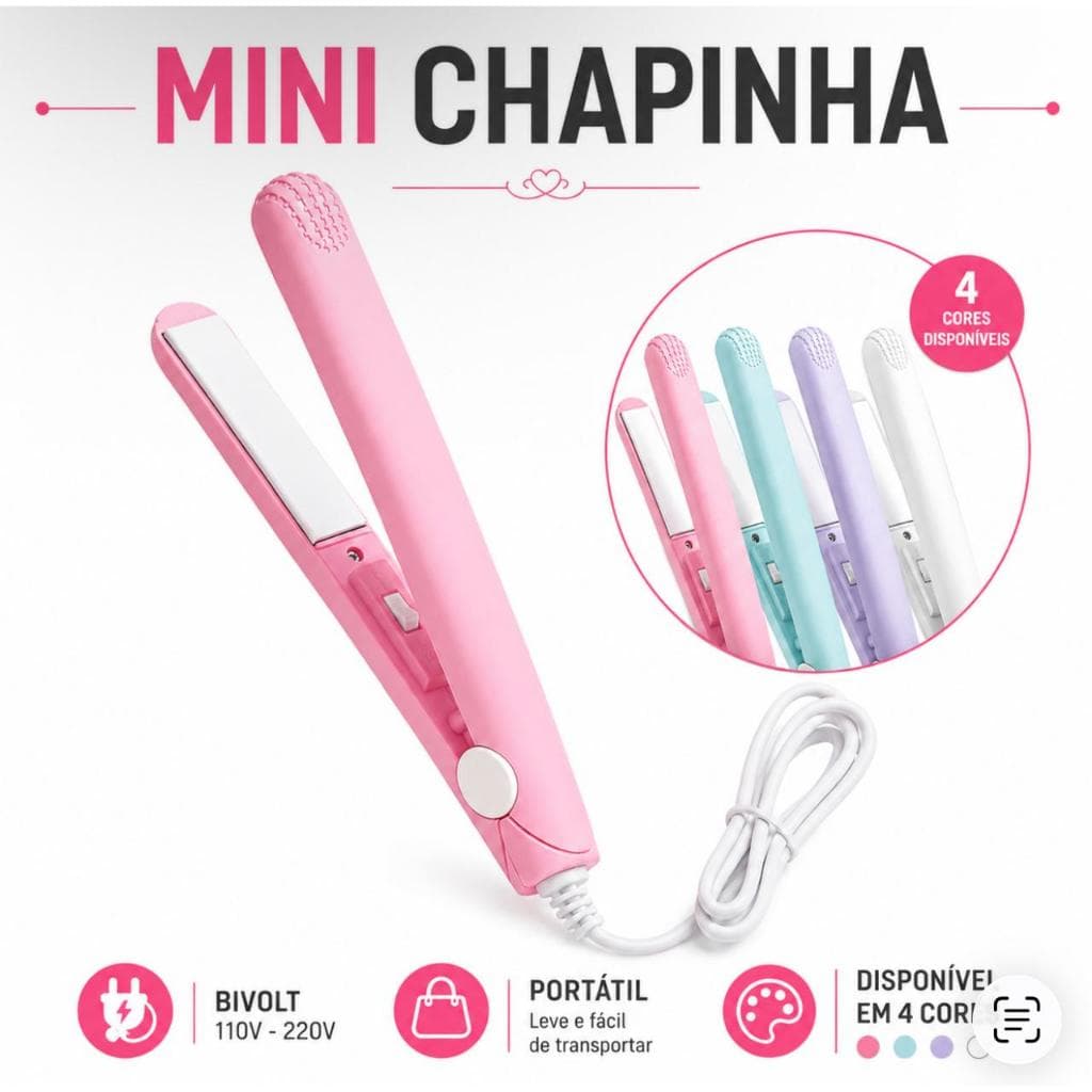 Mni Chapinha Prancha de cabelo, pequena portátil, profissional com case para transporte, alisa e modela cachos,