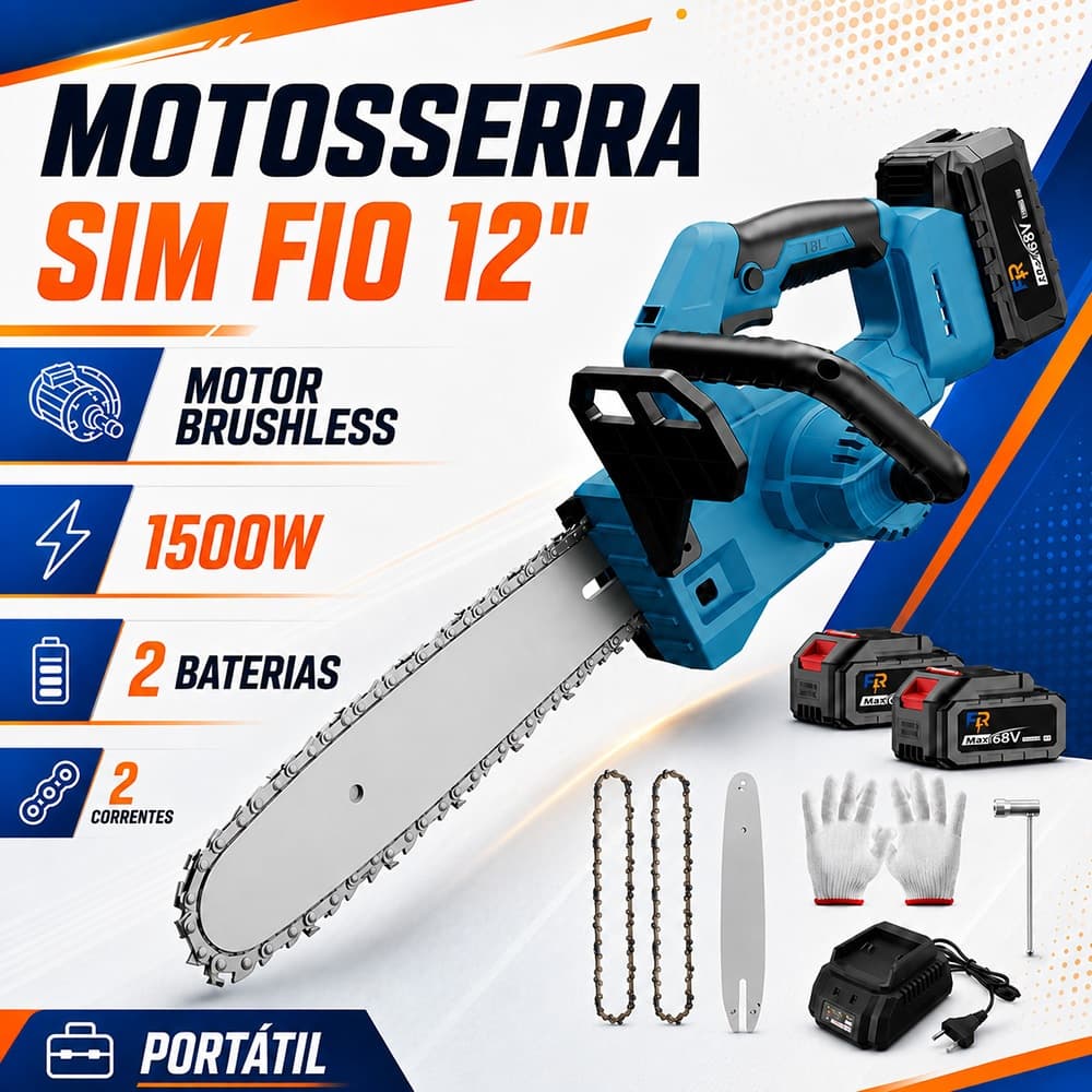 Motosserra a Bateria 12 Polegadas Profissional Portátil Brushless 1500W com 2 Baterias 2 Correntes
