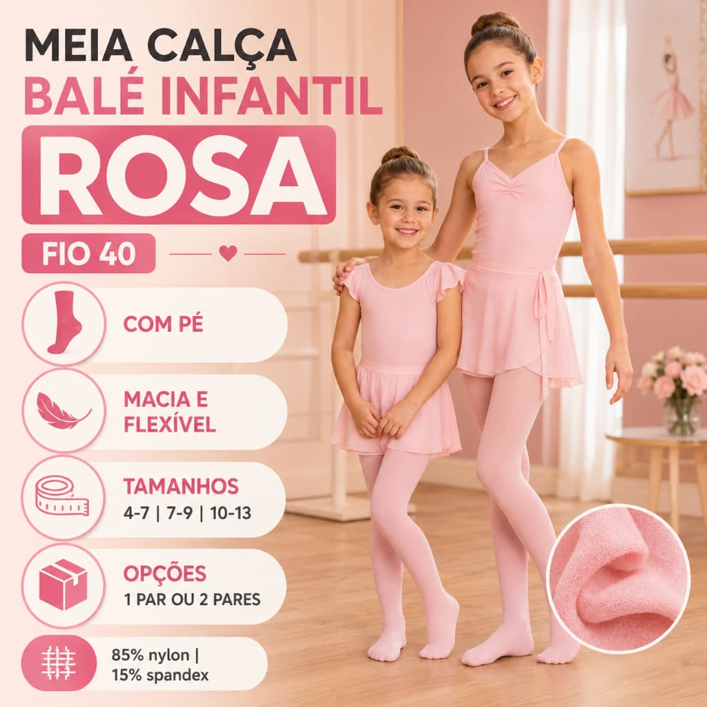Até 2 Pares Meia Calça Fio 40 Ballet Bailarina Balé Infantil Juvenil Menina Rosa Fio 40 Com Pé Dança Ginástica