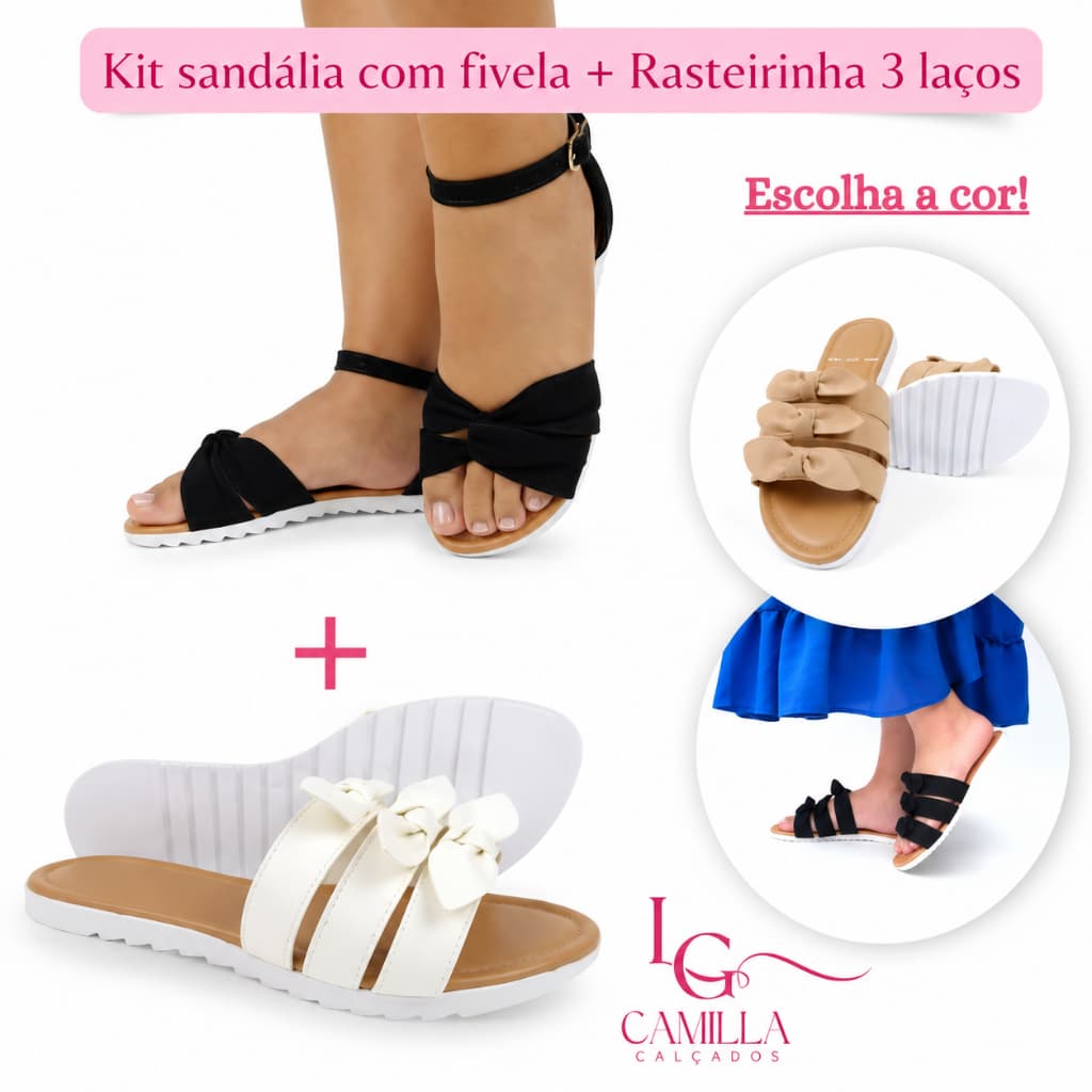 Sandália Rasteirinha antiderrapante com ajuste em fivela kit com 2 pares
