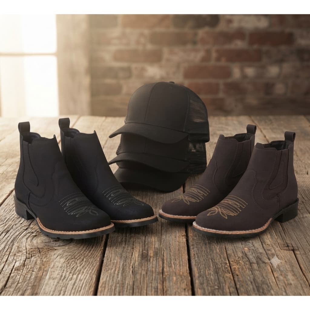 Kit 2 Pares de Bota Masculino Botina Confortável Chelsea Texana Bordada Preto e Cafe + Bone Trucker