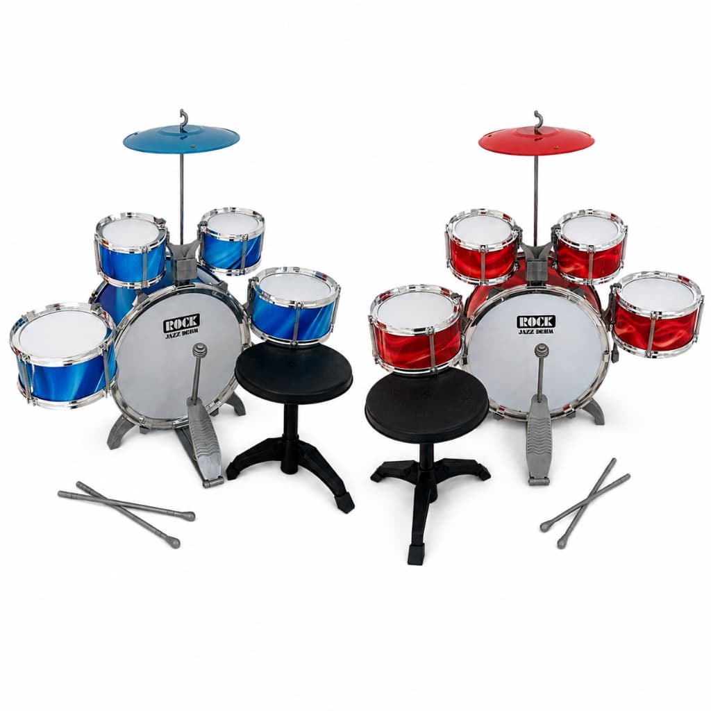 Bateria Infantil 5 Tambores + 1 Prato + 1 Banco + 2 baquetas Vermelha - Jazz Drum Rock