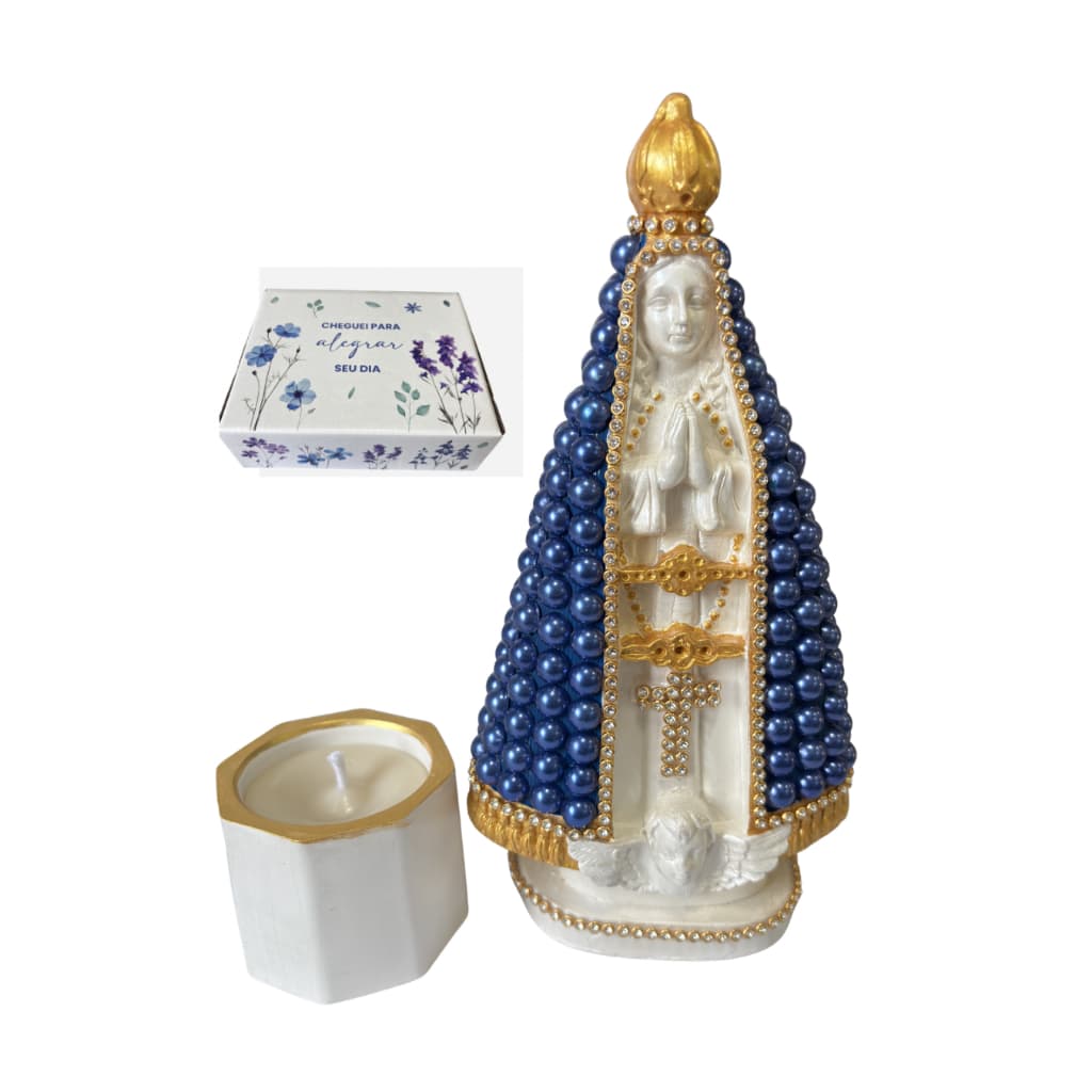 Kit Imagem + Vela + Caixa de presente- Nossa Senhora Aparecida 19cm Gesso Decorado com Pérolas