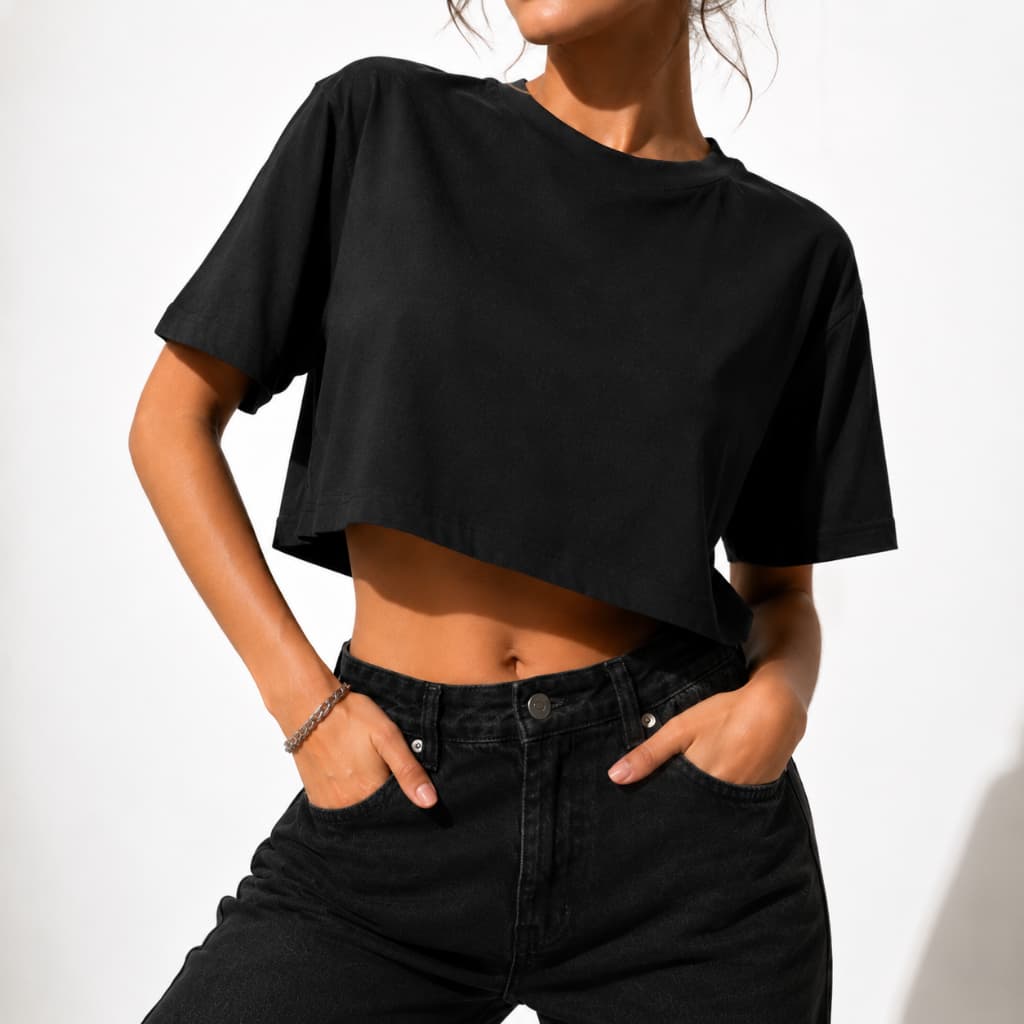 Cropped Feminino 100% Algodão Manga Oversized | T-Shirt Cropped Básica Ajustada Moda Feminina.