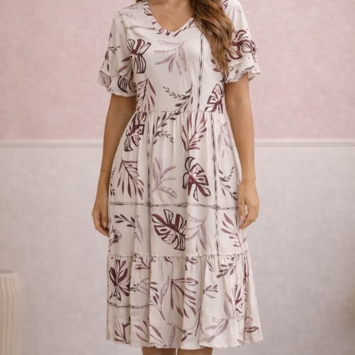 Vestido Feminino Midi Estampado Soltinho Manga Curta Decote V Casual Elegante