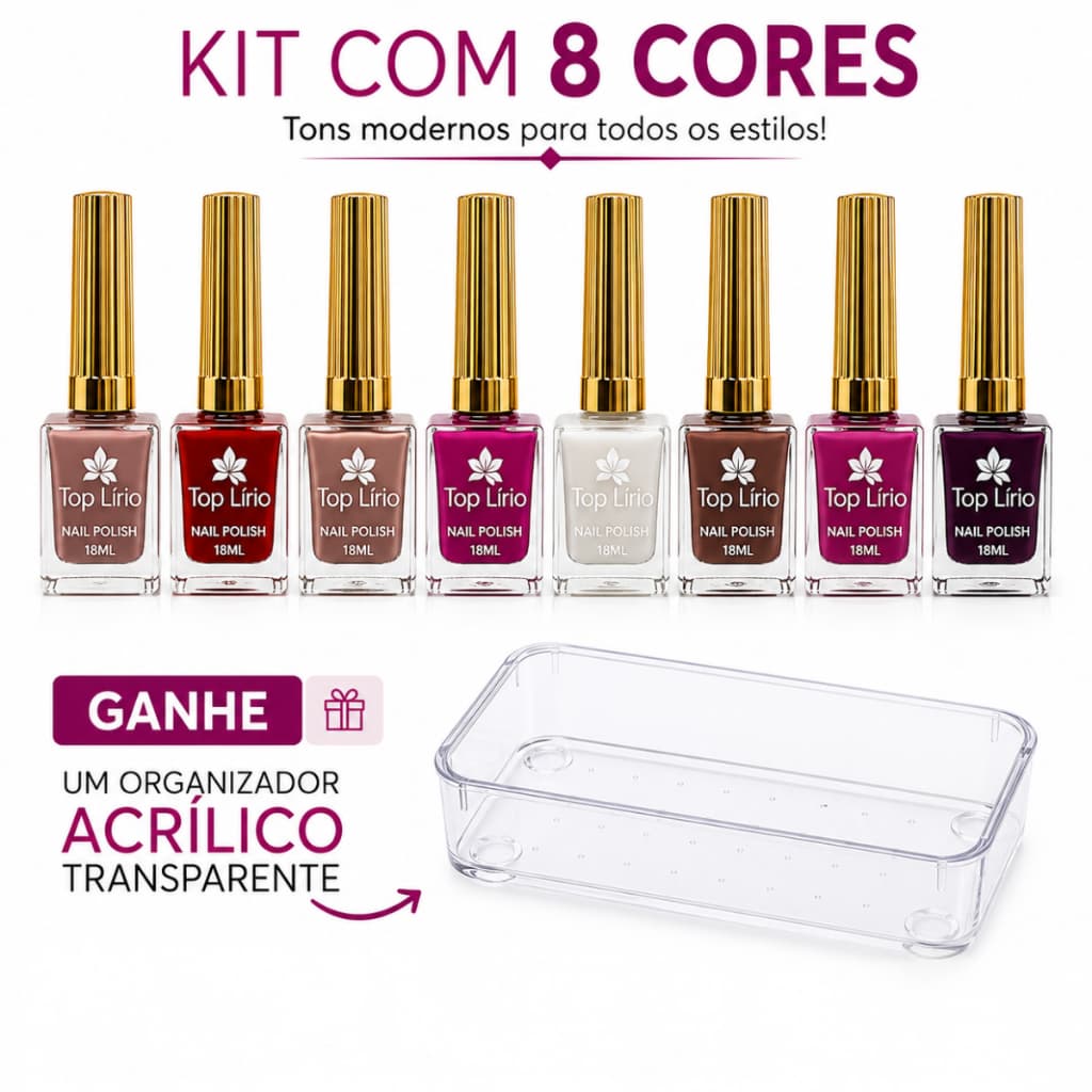 Kit 8 Esmaltes Top Lírio Alta Cobertura Secagem Rápida Cores Variad