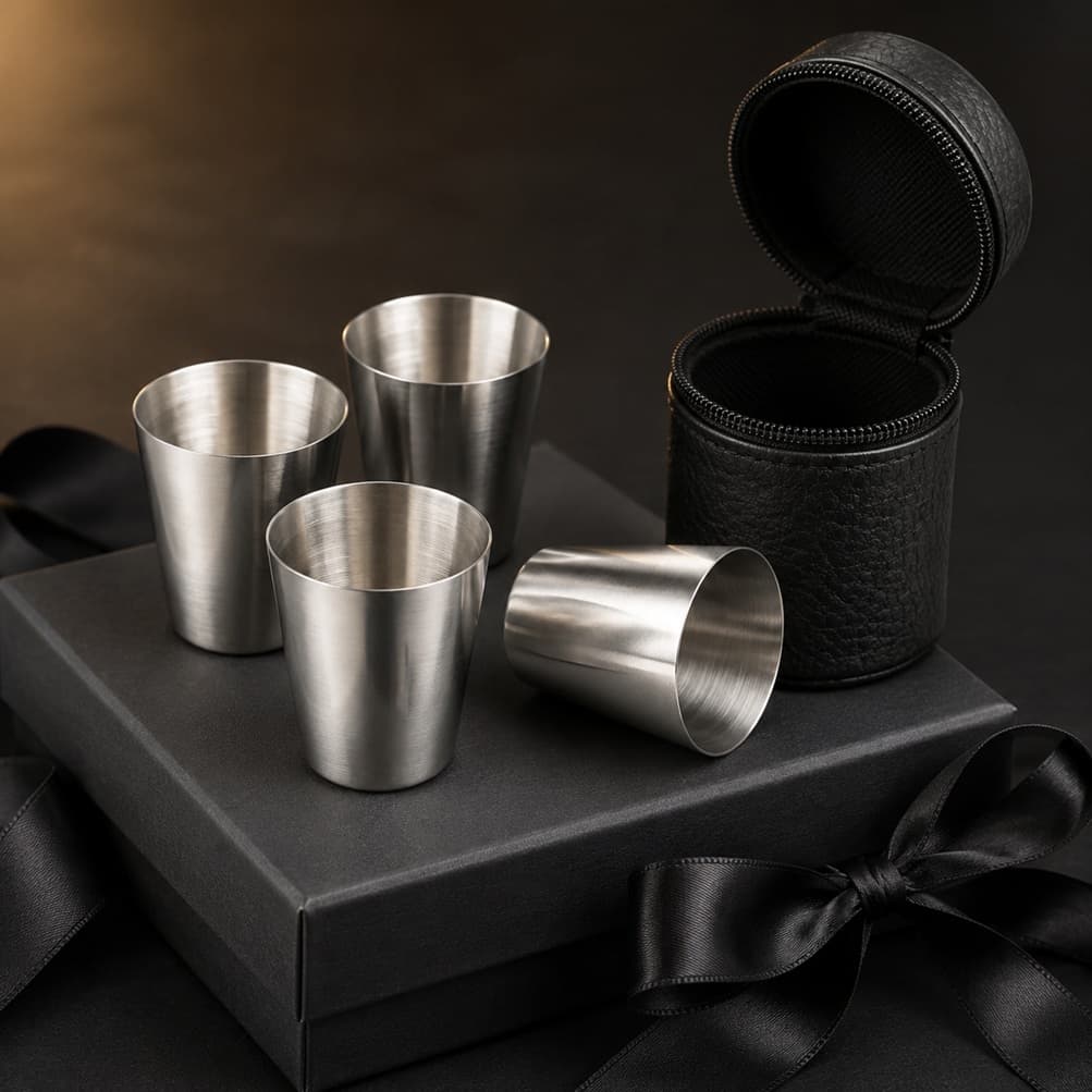 Kit 4 Copos Shot Tequila Cachaça Inox + Case Camping Bar
