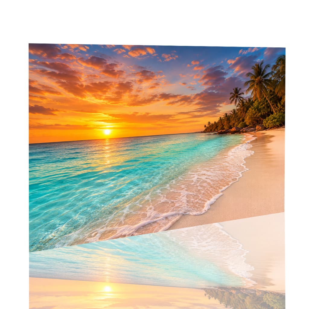Quadro Decorativo Praia Tropical Pôr do Sol Mar Cristalino Paisagem Sala Quarto Horizontal