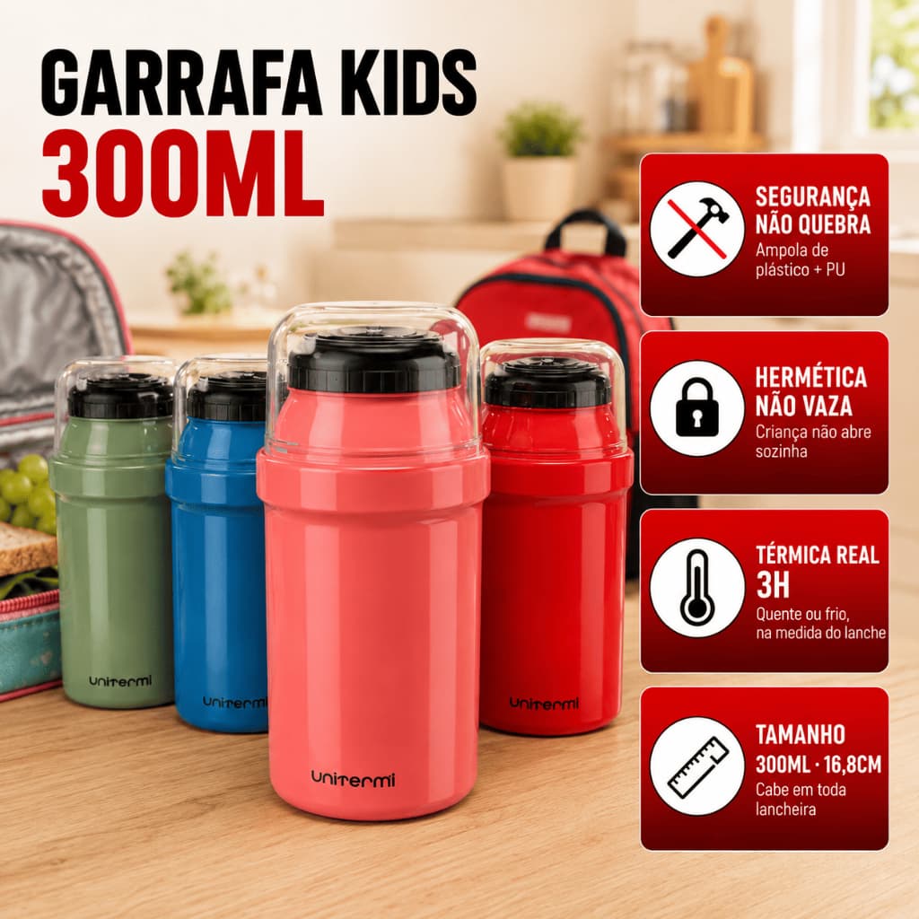 Garrafa Térmica Kids Fano Infantil 300ml Unitermi Escola Lancheira Café Chocolate Quente Suco Frio