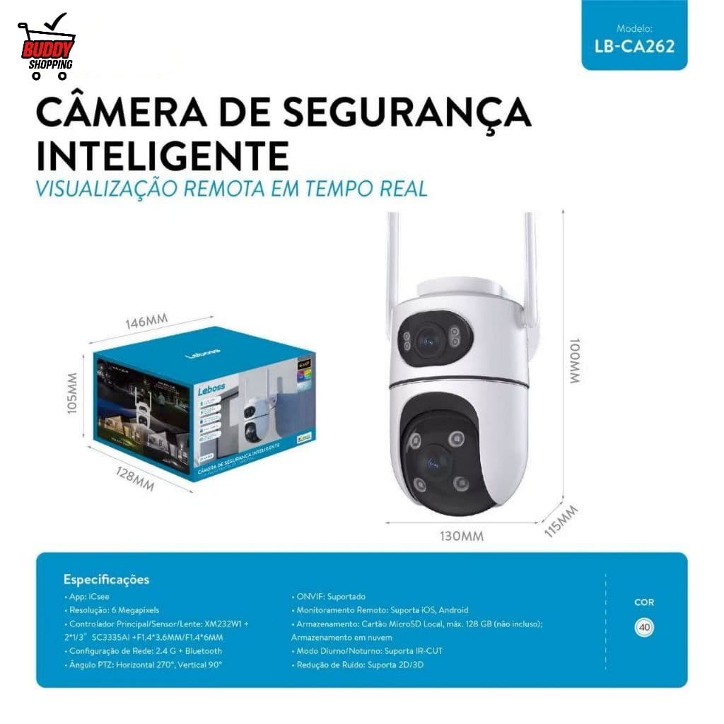 Câmera Segurança Wifi Externa PTZ 6MP Dupla Lente Visão Noturna Colorida IP66 App iCSee