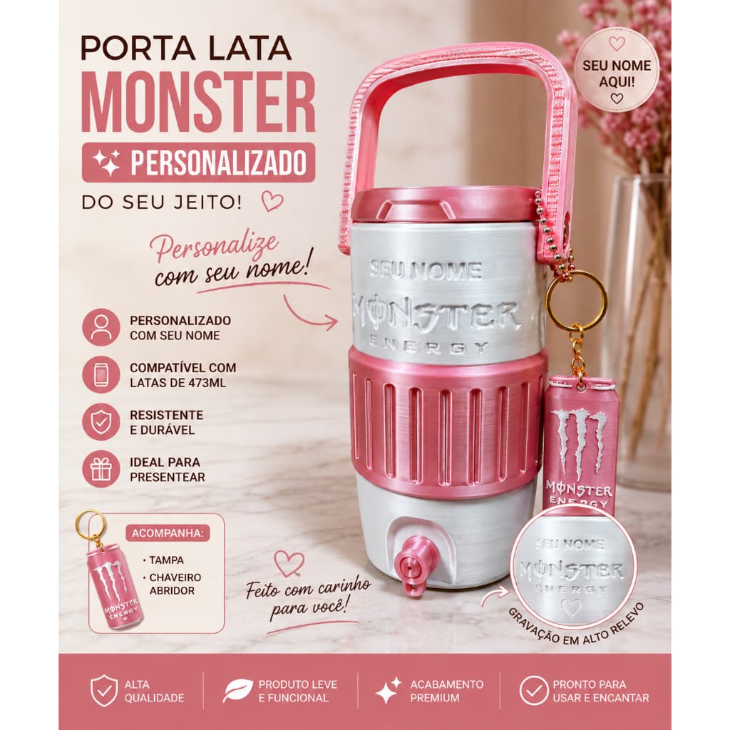 Porta Latas Cooler Monster 473ml + Chaveiro Abridor Personalizado com Nome Suporte Térmico