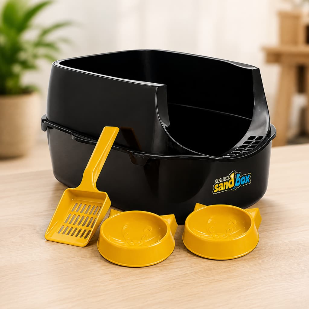 Caixa de Areia para Gatos Grande + Pá Higiênica + 2 Comedouros | Kit Sanitário Completo