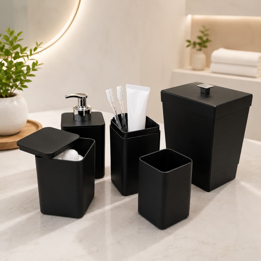Kit Banheiro Acessórios 4 Peças Lixeira Porta Sabonete Escovas de Dente e Algodão Preto Lavabo