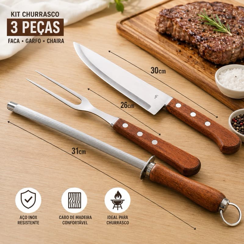 Kit Churrasco 3 Peças Wood Cabo Madeira Resistente Faca Garfo Pegador Chaira Rústico Cozinha