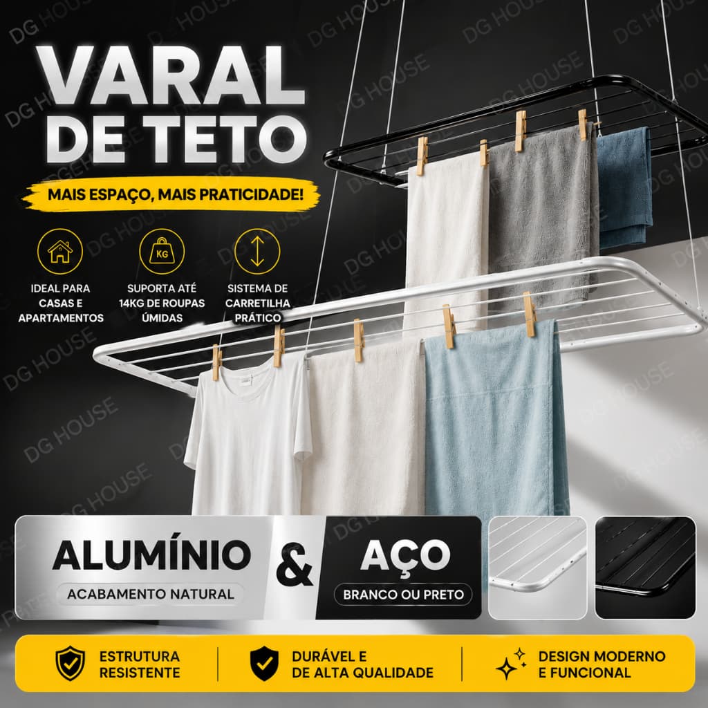 Varal de Teto Alumínio ou Aço Branco ou Preto Vários Tamanhos C/ Parafusos Para Fixação
