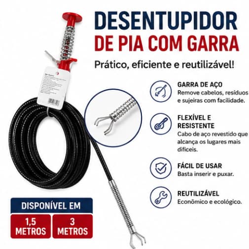 Desentupidor de Pia com Garra Flexível em Aço – 1,5 Metros ou 3 Metros – Remove Cabelos, Resíduos e Entupimentos